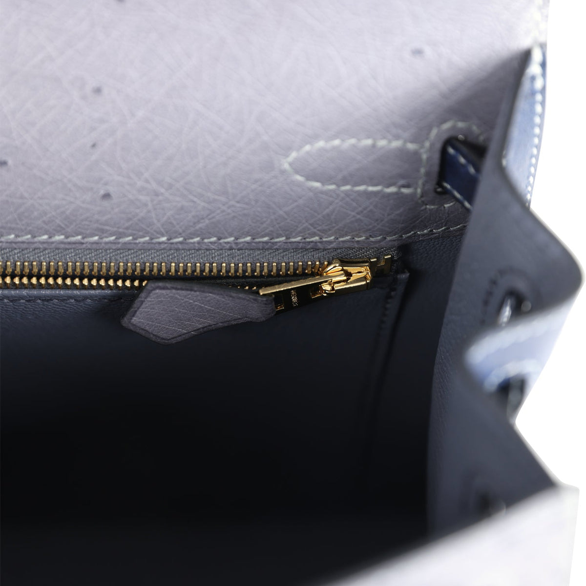 Special Order (HSS) Kelly Sellier 25 Gris Agate and Bleu Iris Ostrich Brushed Gold Hardware