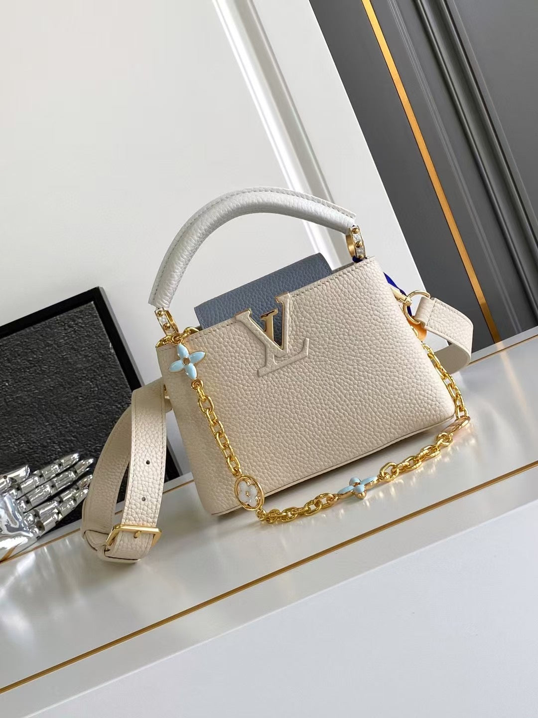 Elegant Top Handle Bag with Pearl Chain Accent
