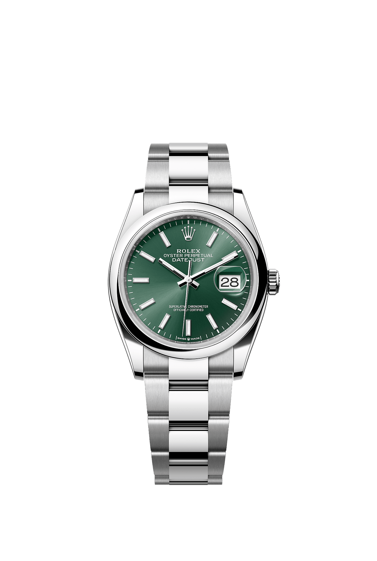 ساعة Datejust 36 مقاس 36 مم من الفولاذ Oystersteel، ميناء أخضر فاتح بلمسة أشعة الشمس، وسوار Oyster، ذاتية التعبئة
