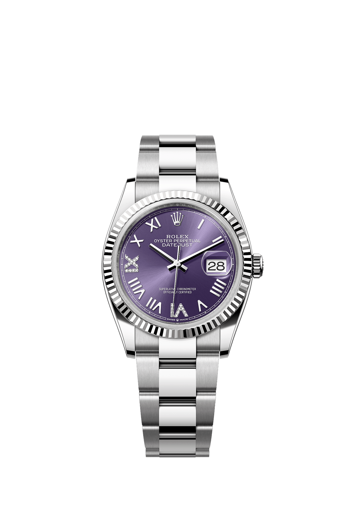 ساعة Datejust 36 Oyster Perpetual كرونومتر مقاس 36 مم من الـ Rolesor الأبيض، ميناء بلون الباذنجان مرصع بالألماس، سوار Oyster