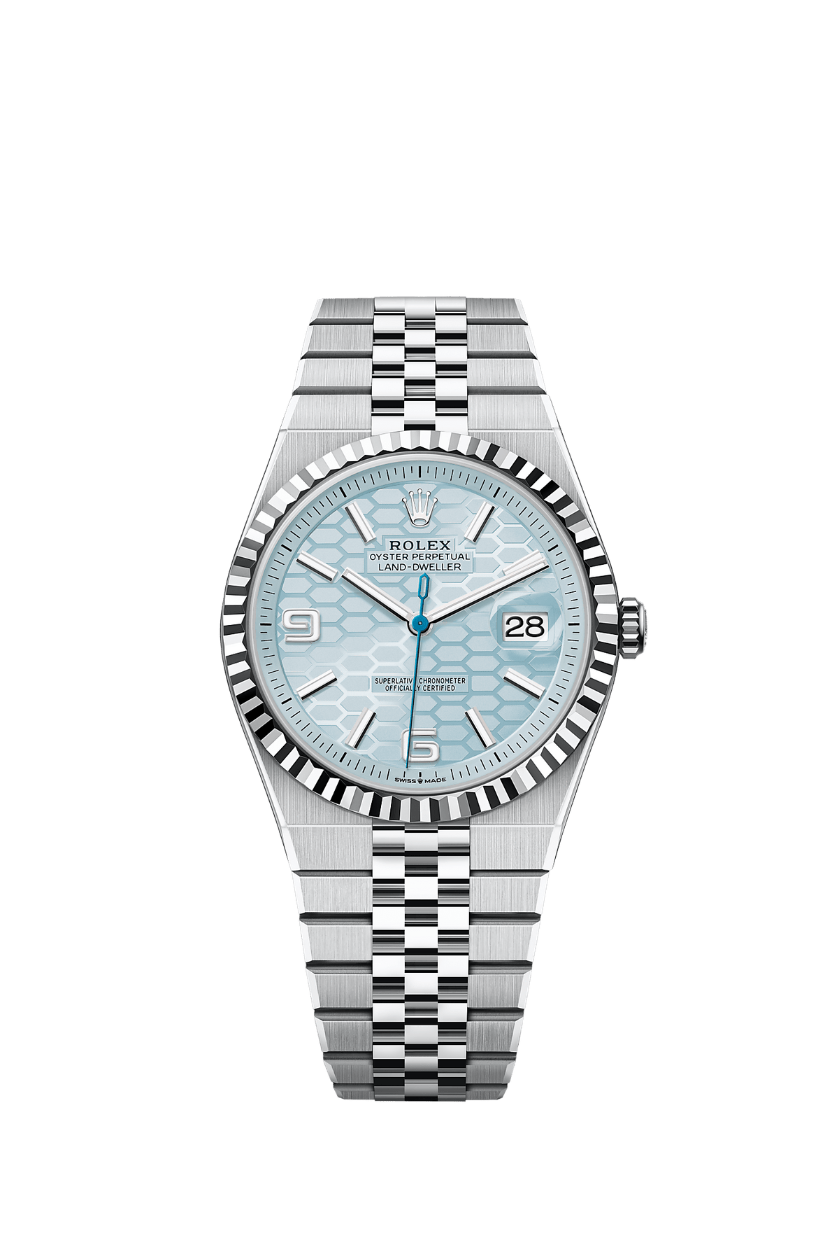 Land-Dweller 40 40mm Platinum Ice Blue Honeycomb Dial Fluted Bezel Flat Jubilee Bracelet Self-Winding Watch