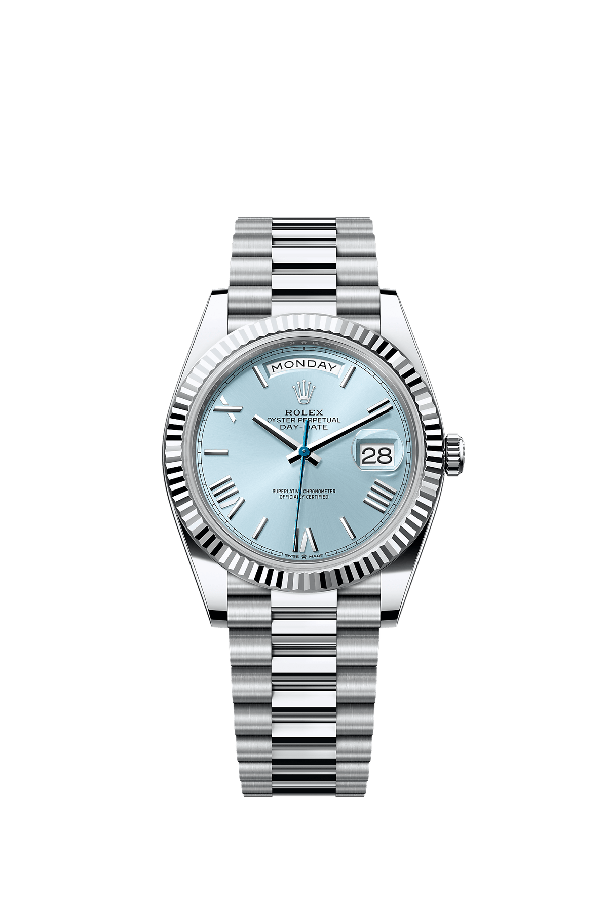 Day-Date 40 40mm 950 Platinum Ice Blue Dial Fluted Bezel President Bracelet Perpetual Mechanical Watch