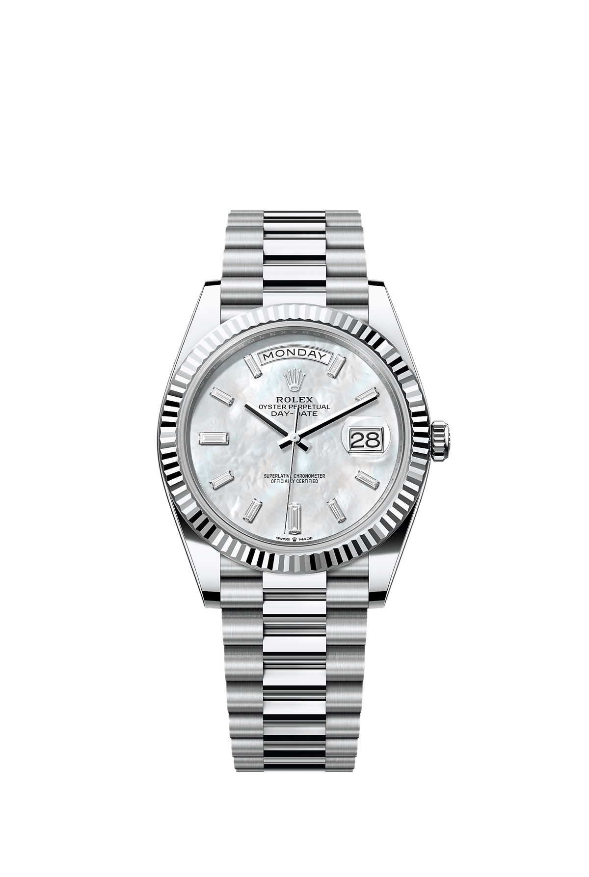 Day-Date 40 40mm 950 Platinum White Mother-Of-Pearl Diamond Dial Fluted Bezel President Bracelet Self-Winding Watch