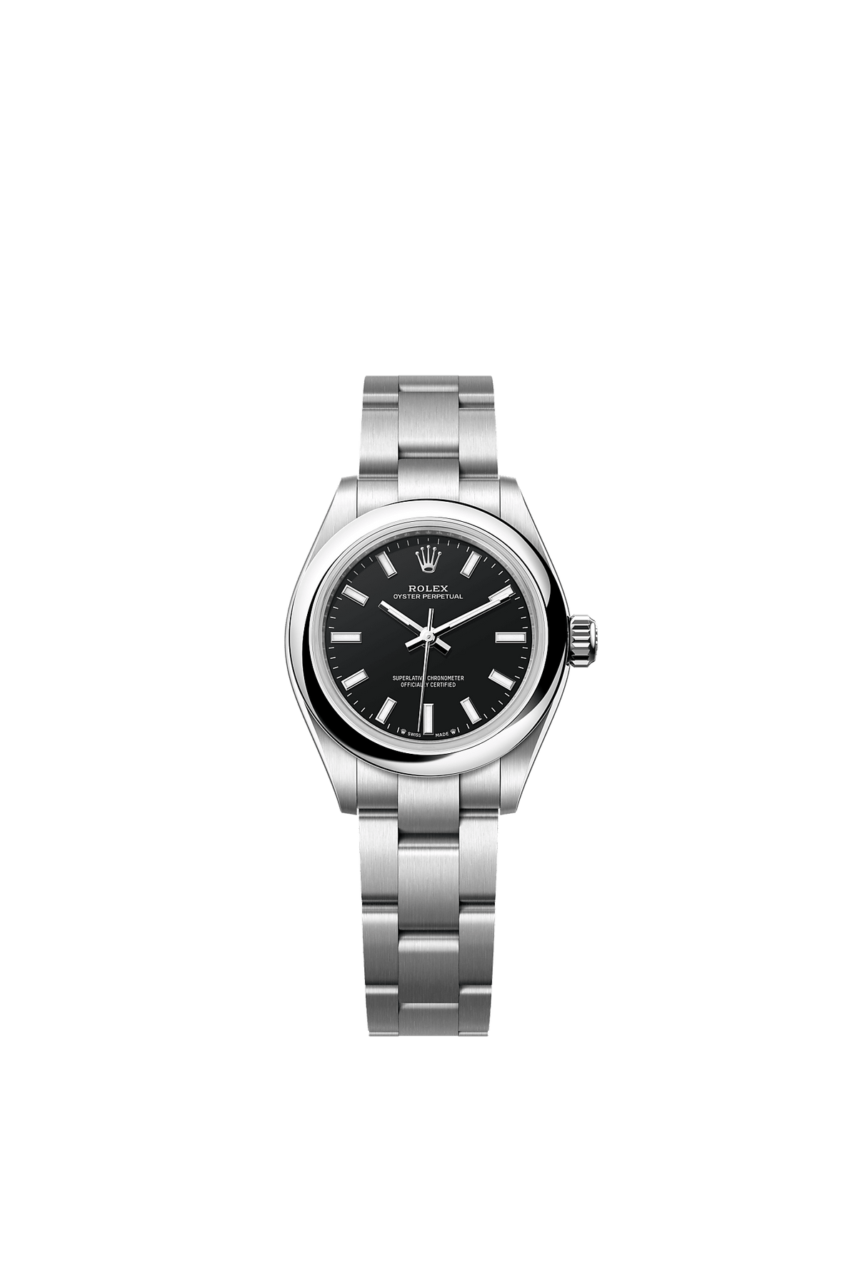 ساعة Oyster Perpetual 28 من الـ Oystersteel بميناء أسود وسوار Oyster، مقاس 28 مم، ذاتية التعبئة