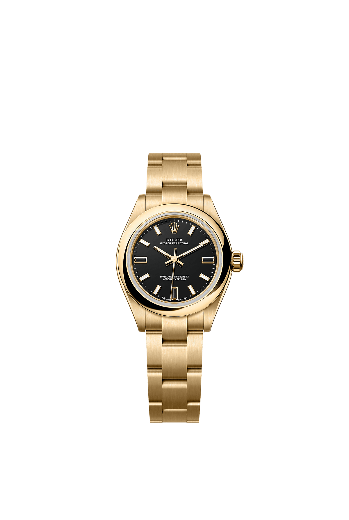 ساعة أويستر بربتشوال 28 كرونومتر، مقاس 28 مم، مصنوعة من ذهب أصفر عيار 18 قيراط، ميناء أسود، وسوار أويستر.