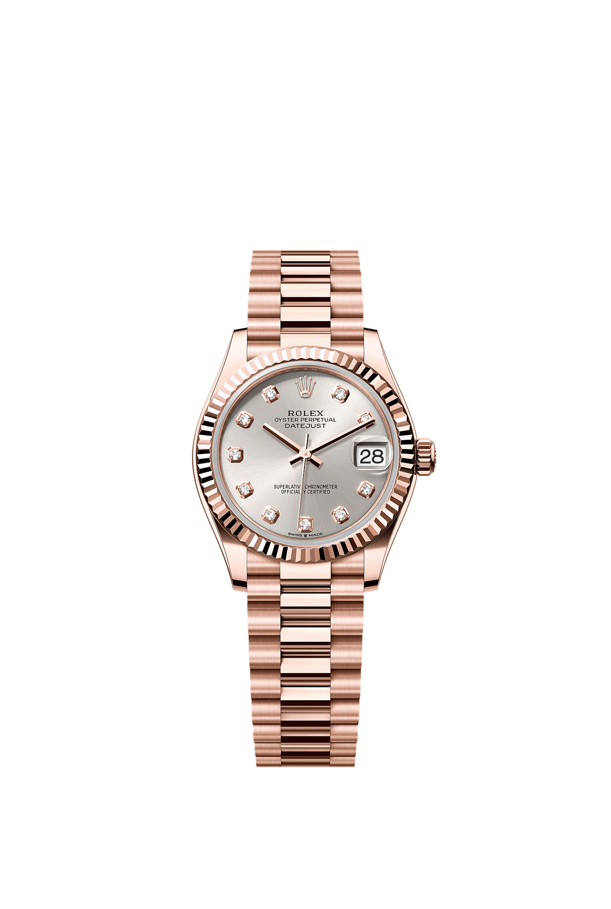 Datejust 31 Oyster Chronometer Watch 31mm 18ct Everose Gold Silver Diamond Dial President Bracelet