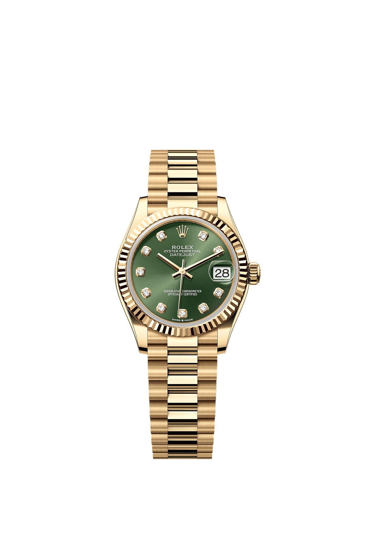 Datejust 31 Oyster Chronometer Watch 31mm 18ct Yellow Gold Olive Green Diamond Dial President Bracelet