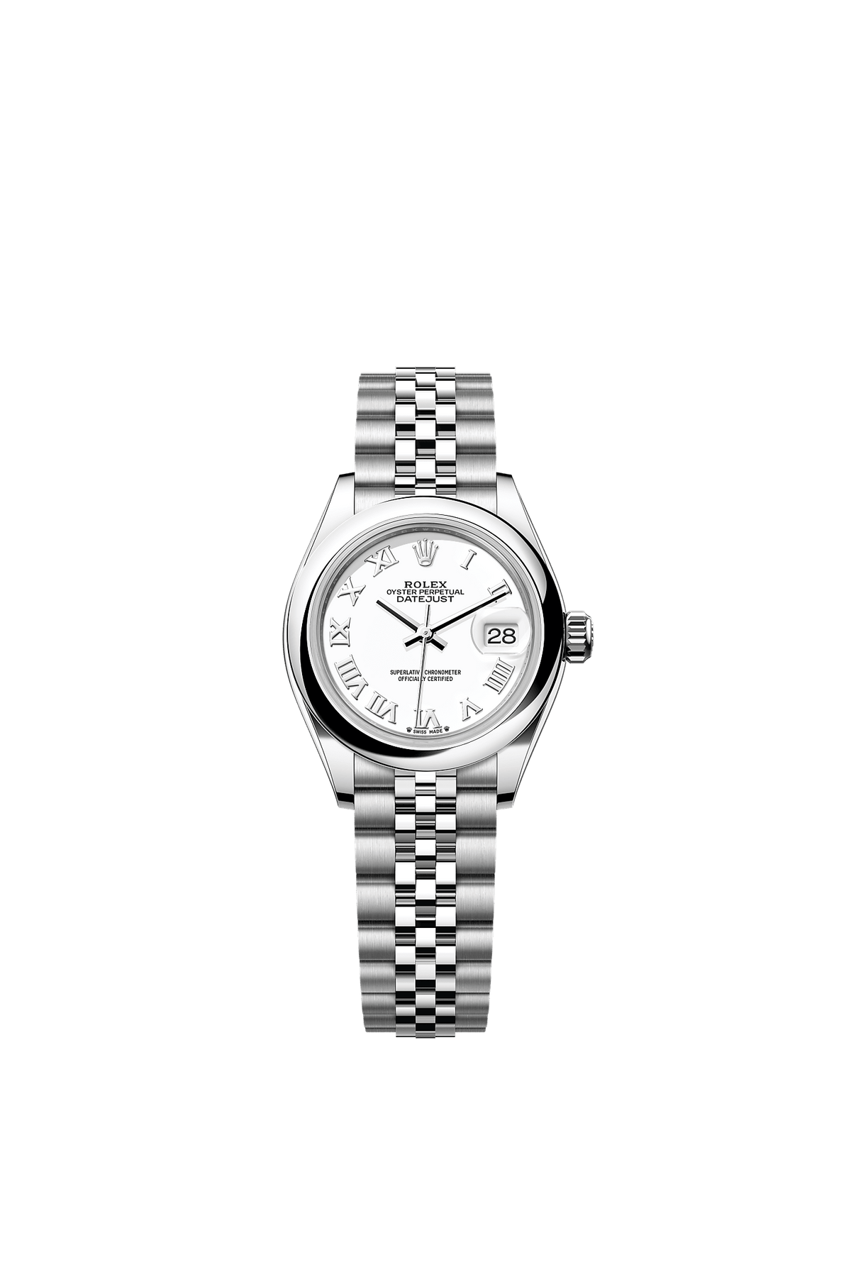 ساعة Lady-Datejust 28 من الستيل Oystersteel بميناء أبيض وسوار Jubilee مقاس 28 مم ذاتية التعبئة