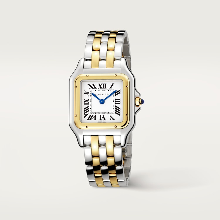 Panthère Medium 29mm x 37mm Yellow Gold Steel Blue Crown Silvered Dial Yellow Gold Steel Bracelet Quartz Watch