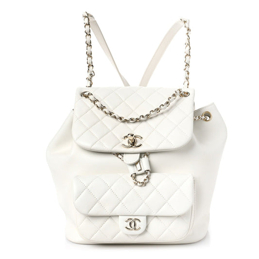 Lambskin Quilted Large Duma Drawstring Backpack White