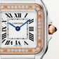 ساعة Panthère de Cartier صغيرة مقاس 22 مم × 30 مم، مصنوعة من الذهب الوردي والفولاذ، إطار مرصع بالألماس، تاج أزرق، ميناء فضي، سوار من الذهب الوردي والفولاذ، حركة كوارتز