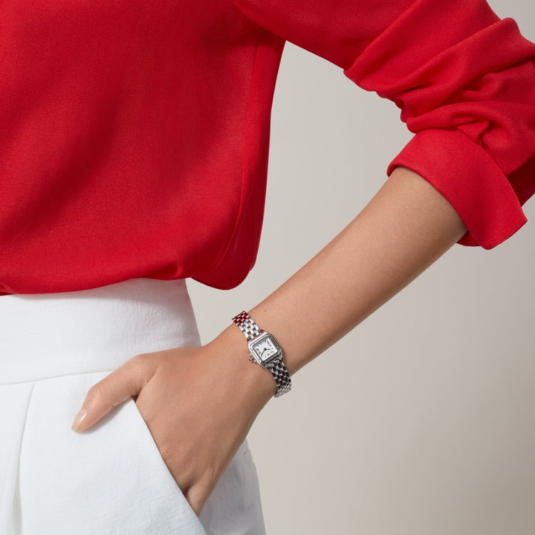 ساعة Panthère de Cartier ميني، 25 مم × 19 مم، من الفولاذ، تاج أزرق، ميناء فضي، سوار من الفولاذ، حركة كوارتز