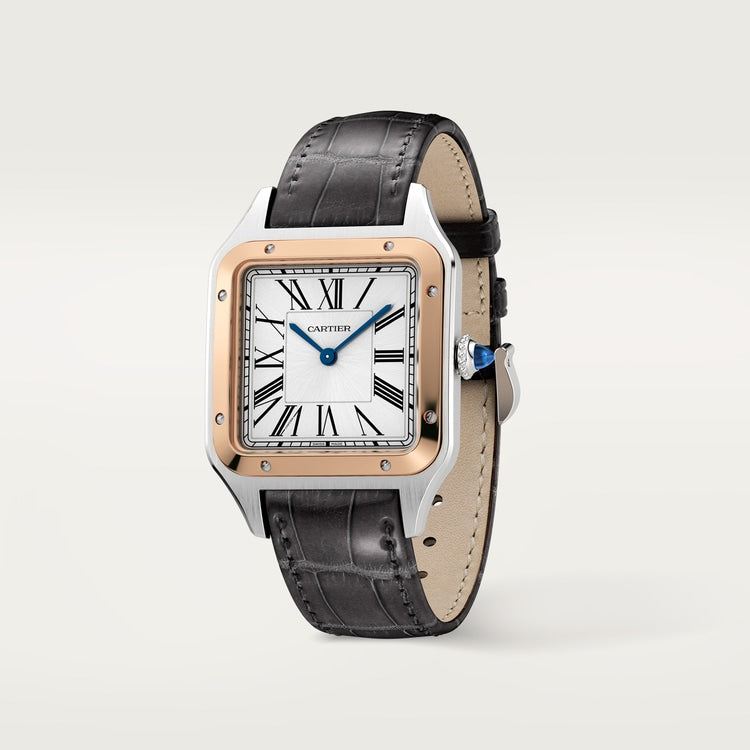 Santos-Dumont Large 43.5mm x 31.4mm Steel Rose Gold Bezel Silvered Satin-Finish Dial Black Alligator Strap Quartz Watch