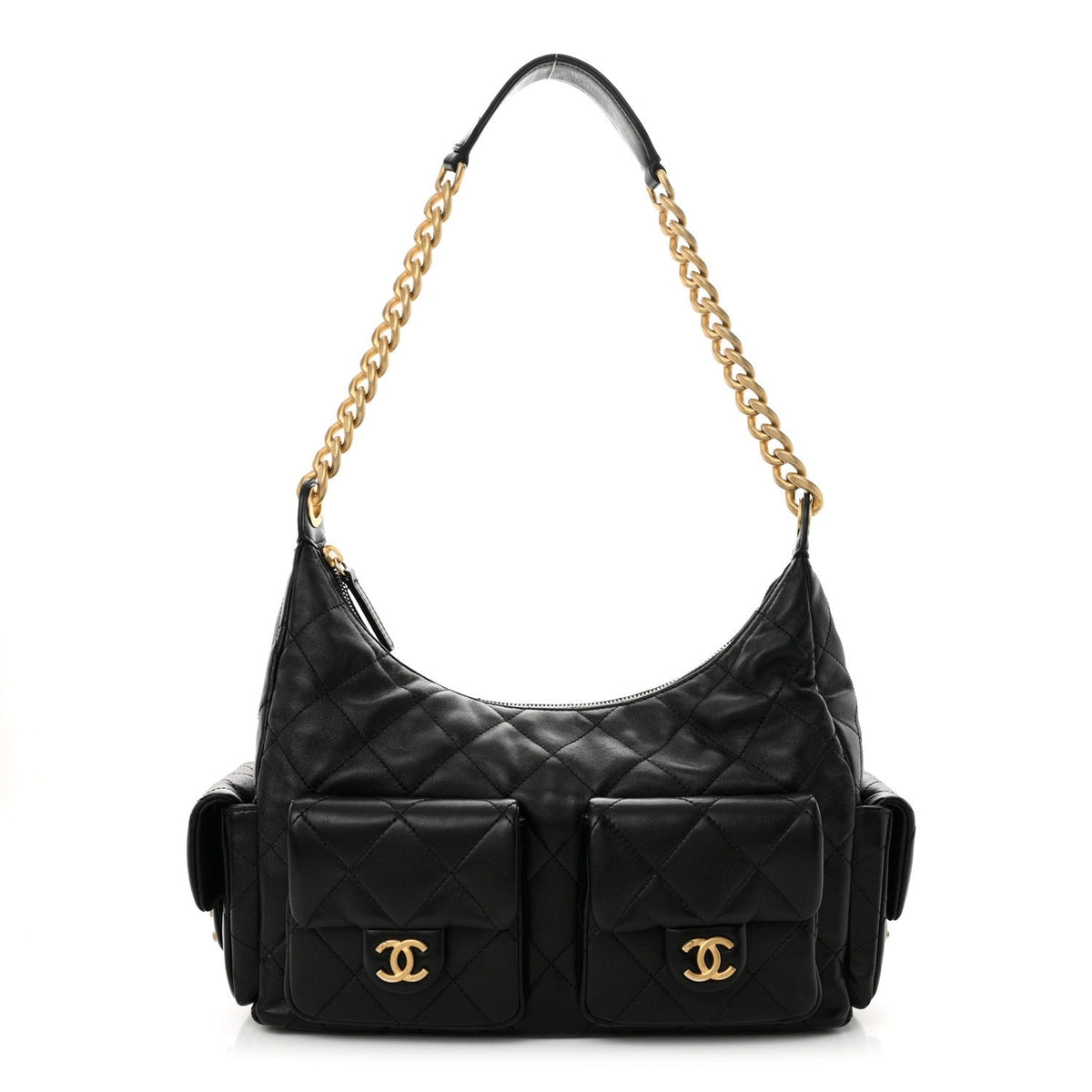 Shiny Lambskin Quilted Trendy Pockets Hobo Black