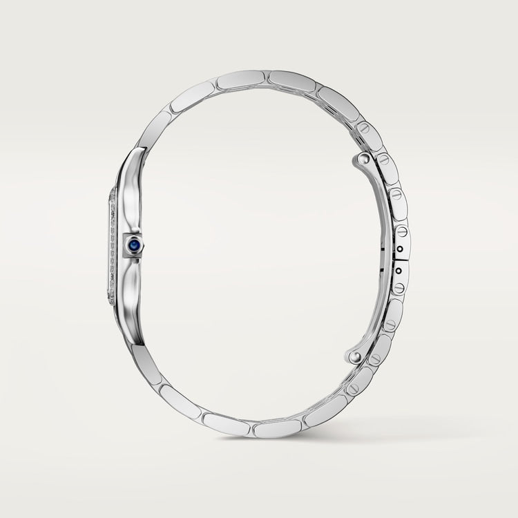 ساعة Panthère de Cartier، مقاس متوسط 36.5 مم × 26.7 مم، من الفولاذ، إطار مرصع بالألماس، تاج أزرق، ميناء فضي، سوار من الفولاذ، حركة كوارتز.