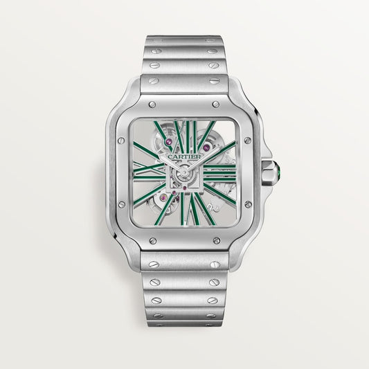 Santos de Cartier Skeleton Large 39.8mm Steel Green Jasper Crown Skeleton Dial Steel Bracelet Manual-Winding Watch