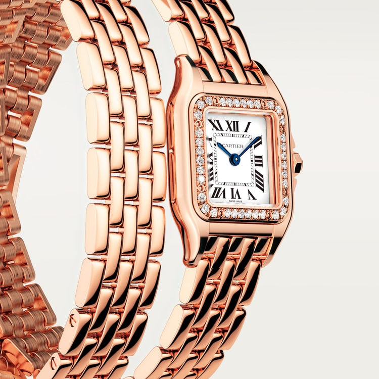 Panthère Small 30.3mm x 22.0mm Rose Gold Diamond Bezel Diamond Crown Silvered Dial Rose Gold Bracelet Quartz Watch