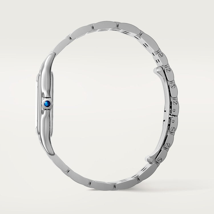 ساعة Panthère de Cartier كبيرة الحجم، مقاس 42 مم × 31 مم، مصنوعة من الفولاذ مع تاج أزرق، وميناء فضي، وسوار فولاذي، تعمل بحركة كوارتز