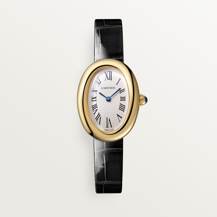 Baignoire Mini 18K Yellow Gold Silvered Dial Black Alligator Strap Watch