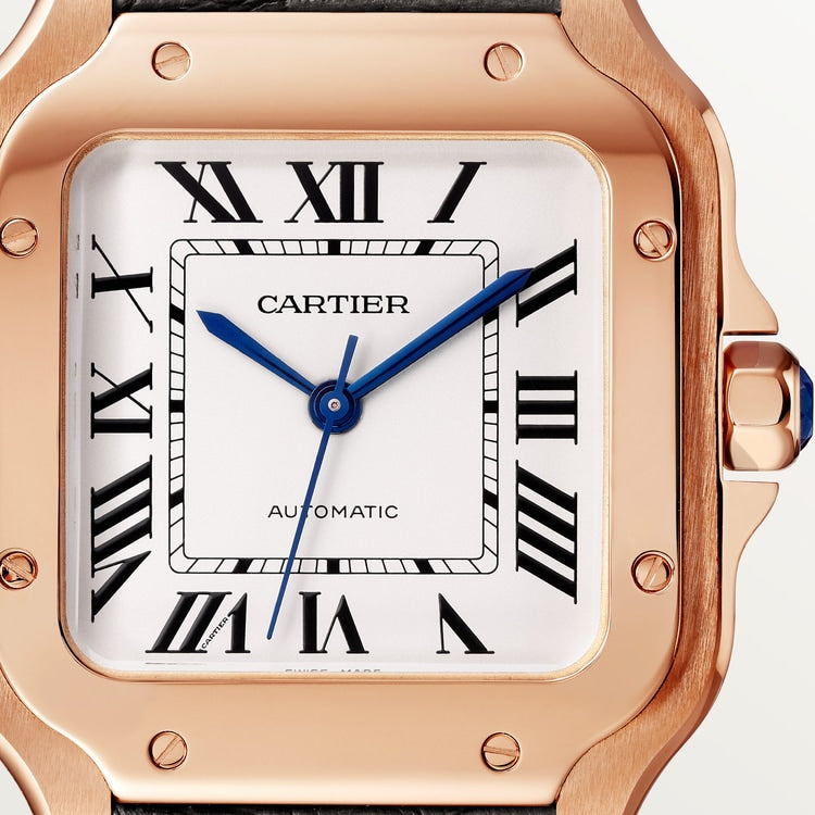 Santos de Cartier Medium 35.1mm Rose Gold Blue Crown Silver Dial Alligator Strap Self-Winding Watch