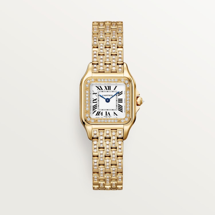 Panthère Small 30.3mm x 22.0mm Yellow Gold Diamond Case Diamond Crown Silvered Dial Yellow Gold Bracelet Quartz Watch