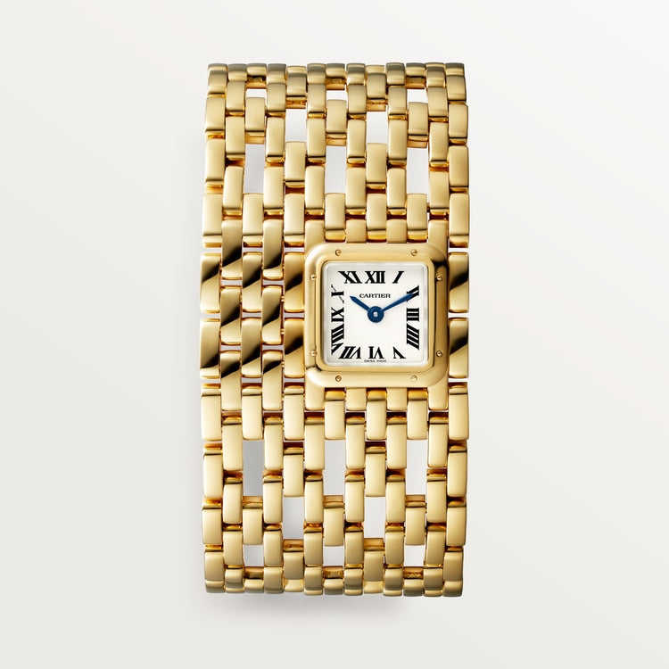 ساعة Panthère de Cartier ميني مقاس 22.4 مم × 19.1 مم، مصنوعة من ذهب أصفر، ميناء فضي بعقارب زرقاء، وسوار من ذهب أصفر، تعمل بحركة كوارتز.