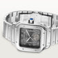 ساعة Santos de Cartier Dual Time كبيرة الحجم 40.2 مم، مصنوعة من الفولاذ، تاج أزرق، ميناء رمادي أنثراسيت، سوار فولاذي، حركة أوتوماتيكية