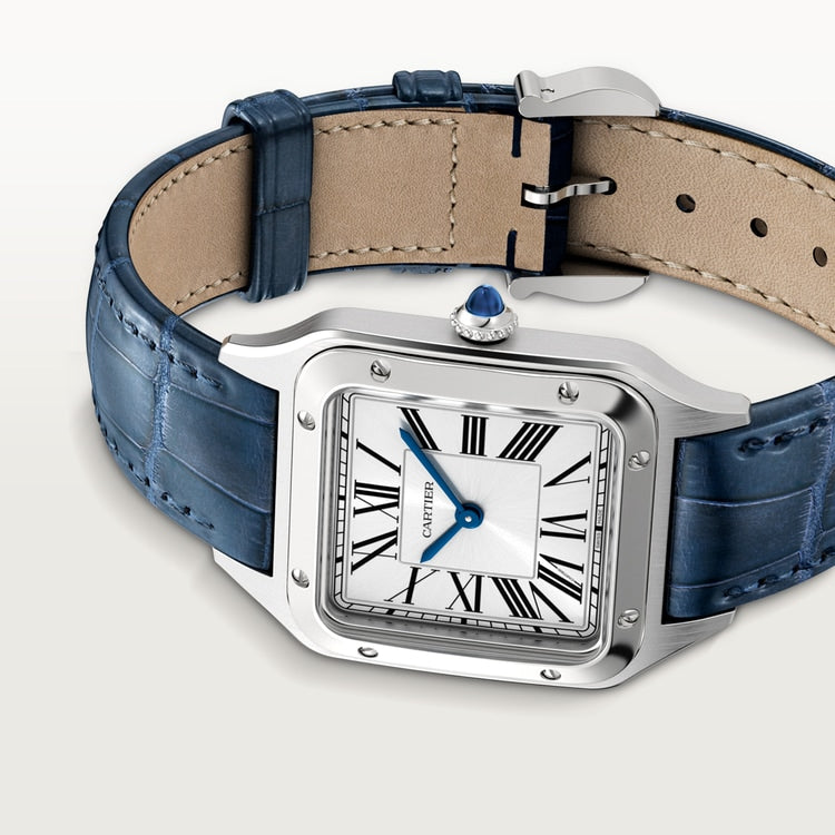 Santos-Dumont Small 38mm x 27.5mm Steel Blue Crown Silver Sunray Dial Navy Blue Alligator Leather Strap Quartz Watch