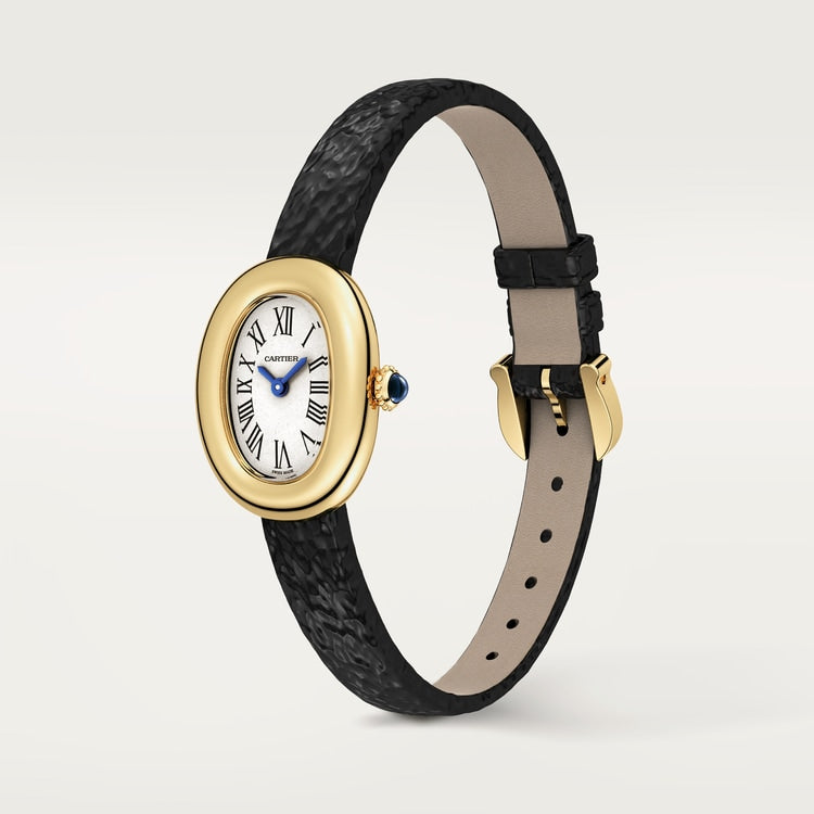 Baignoire Mini 18K Yellow Gold Silvered Dial Black Patent Leather Strap Watch