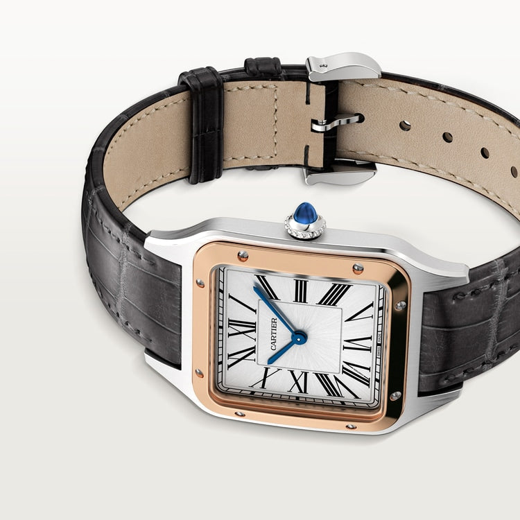 Santos-Dumont Large 43.5mm x 31.4mm Steel Rose Gold Bezel Silvered Satin-Finish Dial Black Alligator Strap Quartz Watch