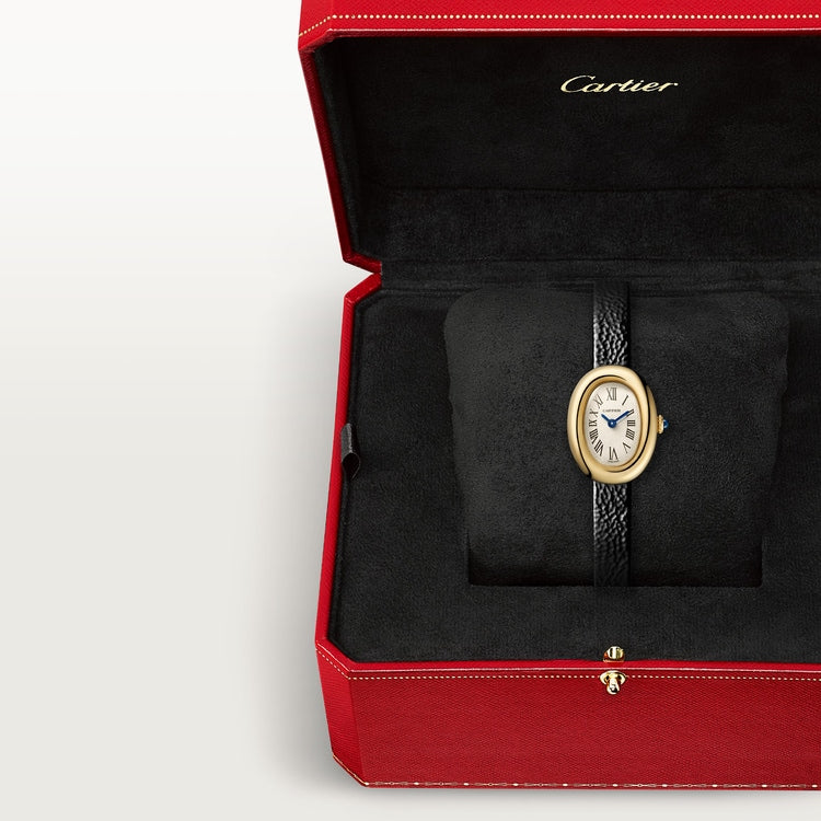 Baignoire Mini 18K Yellow Gold Silvered Dial Black Patent Leather Strap Watch