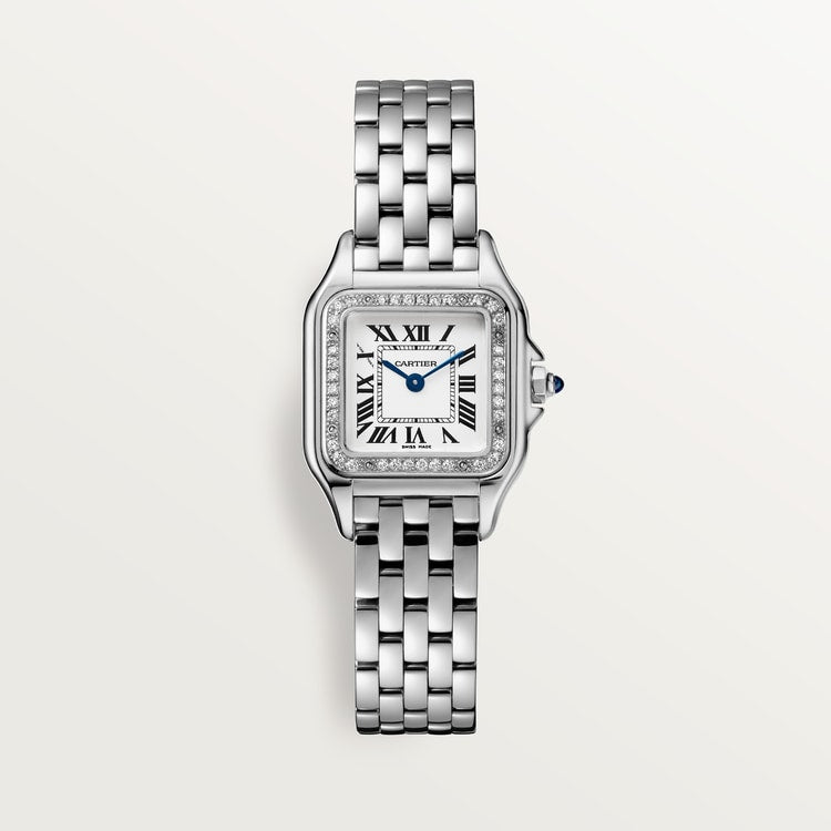 Panthère de Cartier Small 22mm x 30mm Steel Diamond Bezel Blue Crown Silver Dial Steel Bracelet Quartz Watch