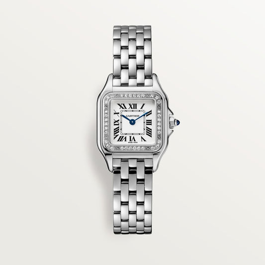 Panthère de Cartier Small 22mm x 30mm Steel Diamond Bezel Blue Crown Silver Dial Steel Bracelet Quartz Watch