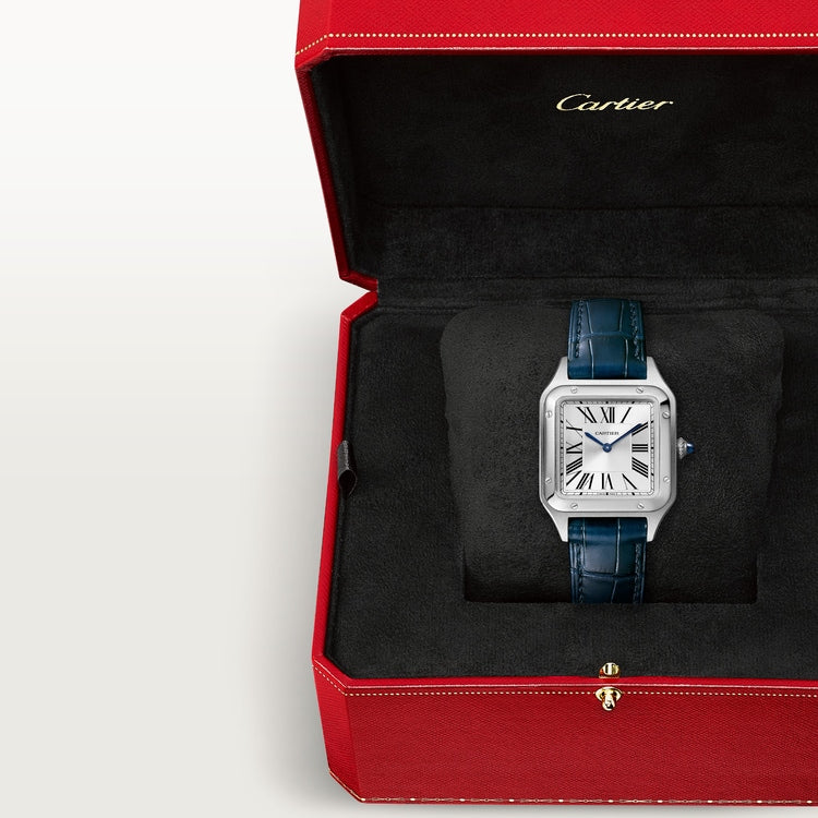 Santos-Dumont Small 38mm x 27.5mm Steel Blue Crown Silver Sunray Dial Navy Blue Alligator Leather Strap Quartz Watch