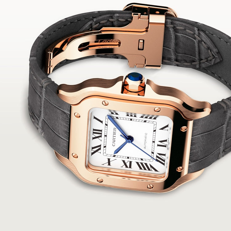 Santos de Cartier Medium 35.1mm Rose Gold Blue Crown Silver Dial Alligator Strap Self-Winding Watch