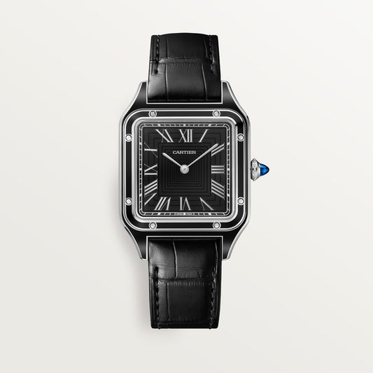 Santos-Dumont Large 43.5mm x 31.4mm Steel Blue Crown Black Lacquer Dial Alligator Leather Strap Manual Watch
