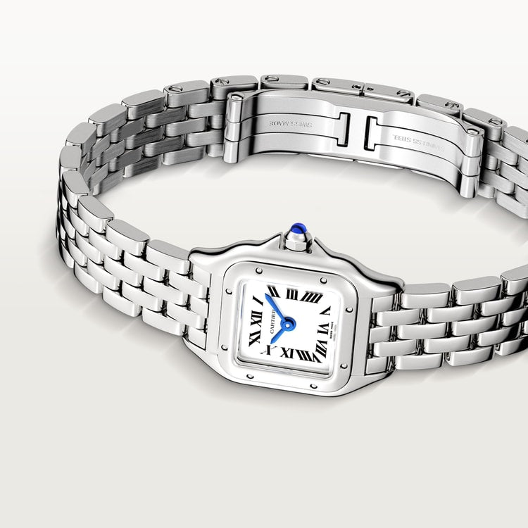ساعة Panthère de Cartier ميني، 25 مم × 19 مم، من الفولاذ، تاج أزرق، ميناء فضي، سوار من الفولاذ، حركة كوارتز