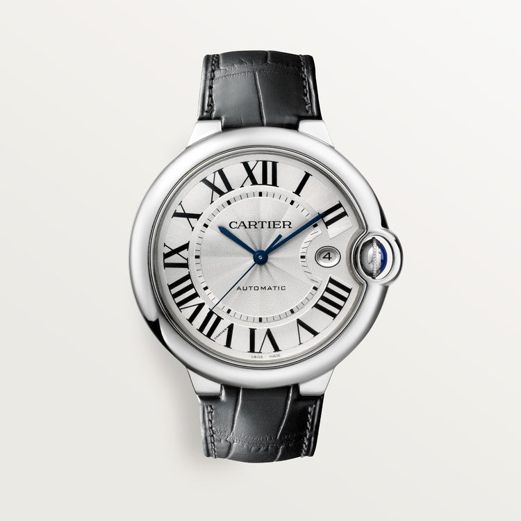 Ballon Bleu 42mm Steel Automatic Silver Guilloché Dial Leather Strap Watch