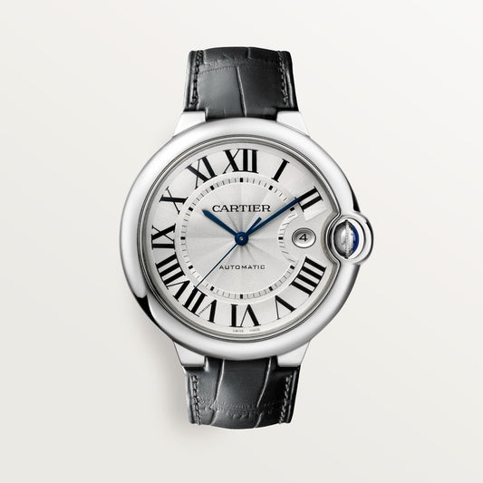 Ballon Bleu 42mm Steel Automatic Silver Guilloché Dial Leather Strap Watch