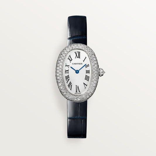 Baignoire Mini 18K White Gold Diamond Silvered Dial Navy Blue Alligator Strap Watch