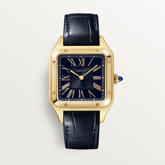 Santos-Dumont Large 43.5mm x 31.4mm Yellow Gold Blue Satin-Brushed Dial Alligator Strap Quartz Watch