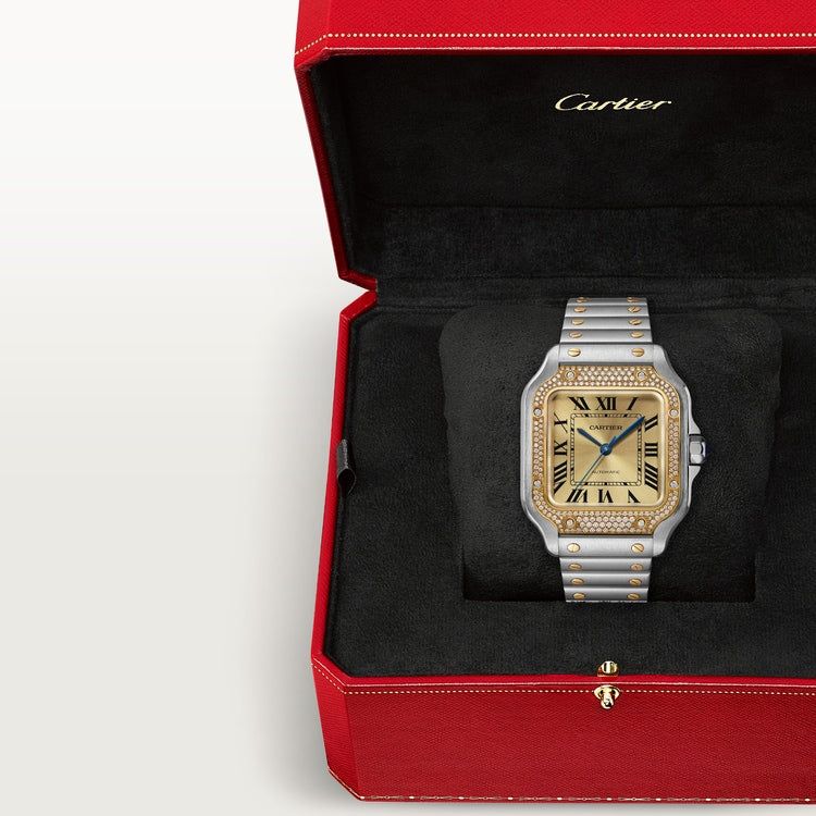 Santos de Cartier Medium 35.1mm Steel Yellow Gold Diamond Bezel Blue Crown Golden Sunray Dial Steel Bracelet Automatic Watch