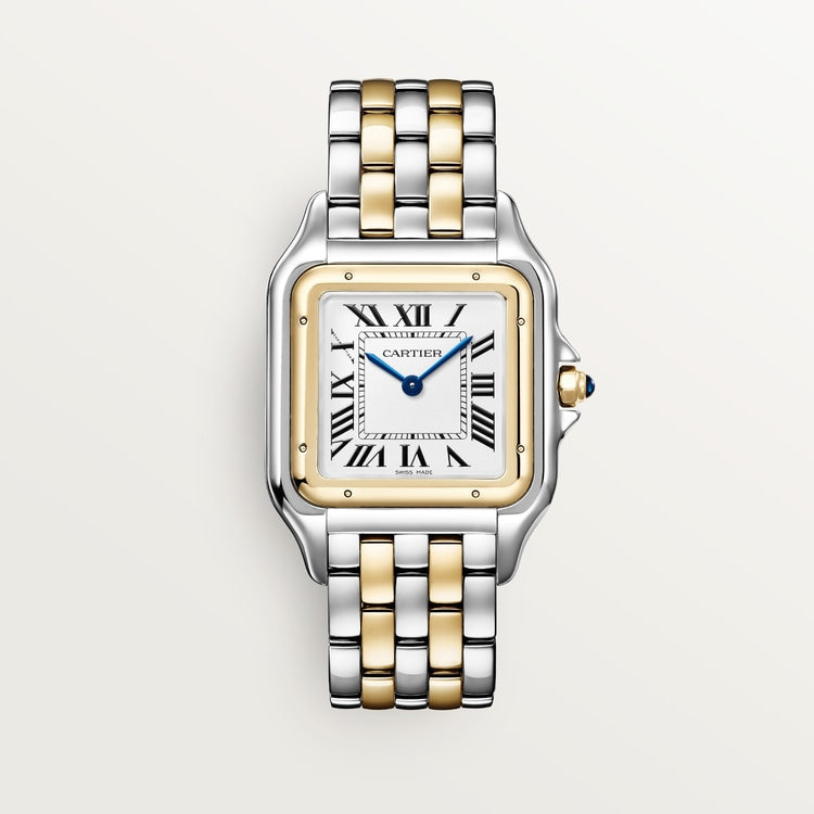 ساعة Panthère de Cartier كبيرة مقاس 42 مم × 31 مم، مصنوعة من الذهب والفولاذ، تاج أزرق، ميناء فضي، سوار من الذهب والفولاذ، تعمل بحركة كوارتز