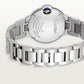 ساعة Ballon Bleu مقاس 33 مم من الفولاذ، حركة أوتوماتيكية، إطار مرصع بالألماس، ميناء فضي بنقش غيوشيه، وسوار من الفولاذ