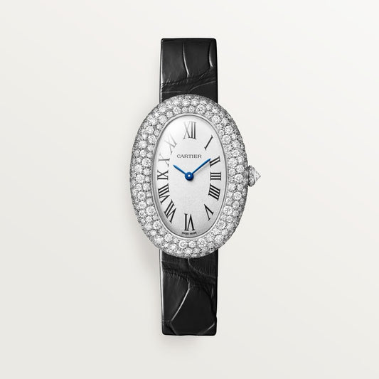 Baignoire Mini 18K White Gold Diamond Silvered Dial Navy Blue Alligator Strap Watch