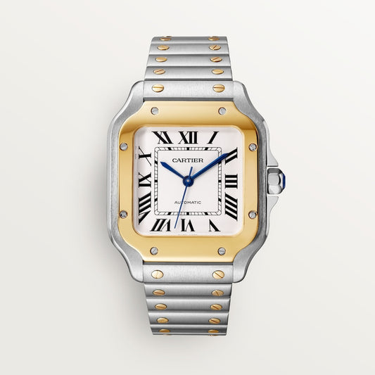 Santos de Cartier Medium 35.1mm Steel Yellow Gold Blue Crown Silvered Opaline Dial Steel Bracelet Automatic Watch