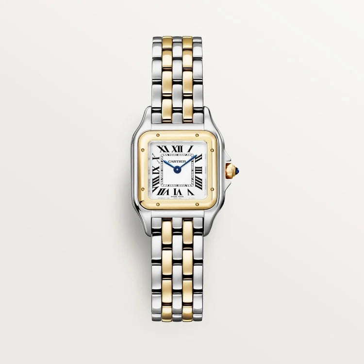 Panthère de Cartier Small Yellow Gold Blue Crown Silver Dial Steel Yellow Gold Bracelet Quartz Watch 01