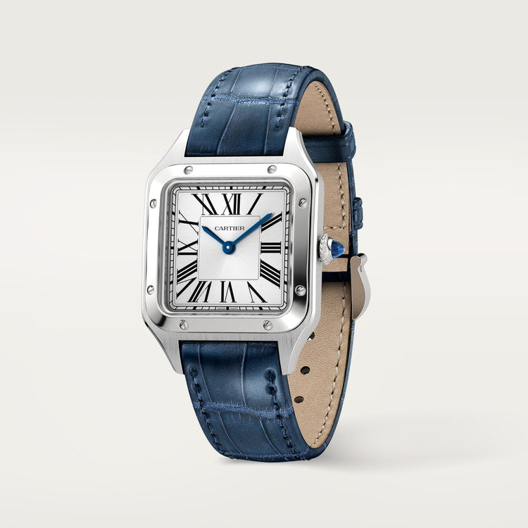 Santos-Dumont Small 38mm x 27.5mm Steel Blue Crown Silver Sunray Dial Navy Blue Alligator Leather Strap Quartz Watch