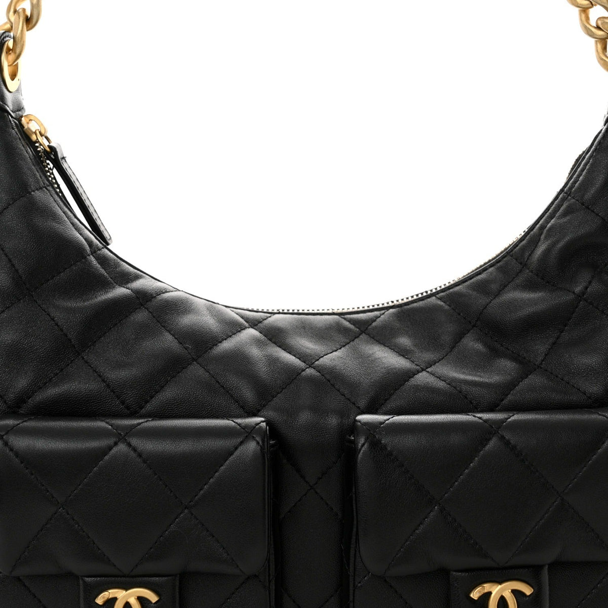 Shiny Lambskin Quilted Trendy Pockets Hobo Black