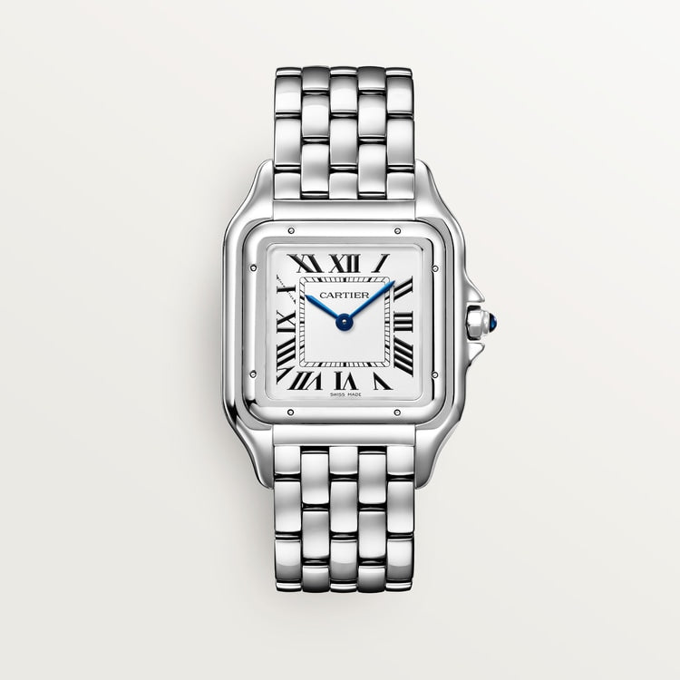 ساعة Panthère de Cartier كبيرة الحجم، مقاس 42 مم × 31 مم، مصنوعة من الفولاذ مع تاج أزرق، وميناء فضي، وسوار فولاذي، تعمل بحركة كوارتز